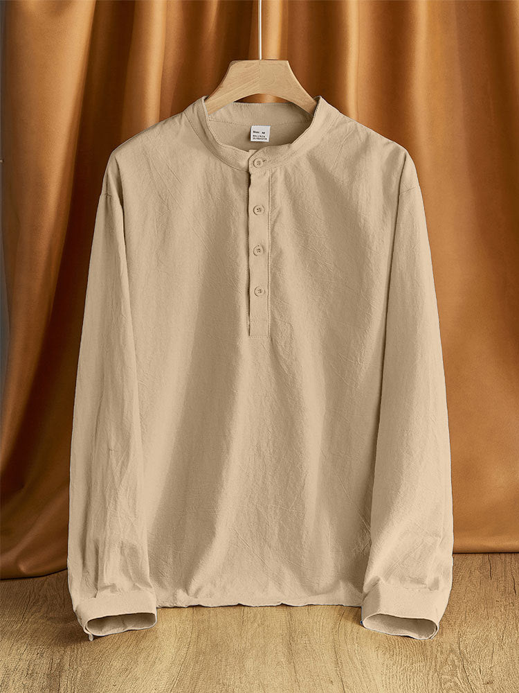Herren Leinen-Mix Langarmshirt Henley mit Stehkragen Echoarchiv