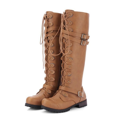 Damen Kniehohe Schnürstiefel mit verstellbaren Zierschnallen und robuster Profilsohle – Lioré