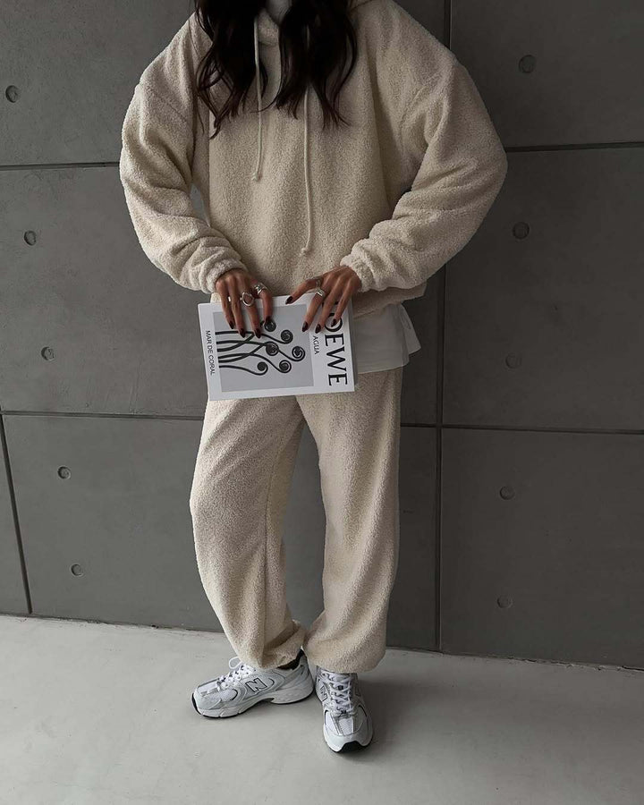 Damen Kuscheliges Sherpa-Loungewear-Set mit Oversized-Kapuzenpullover und weiten Bündchenhosen – Auréline