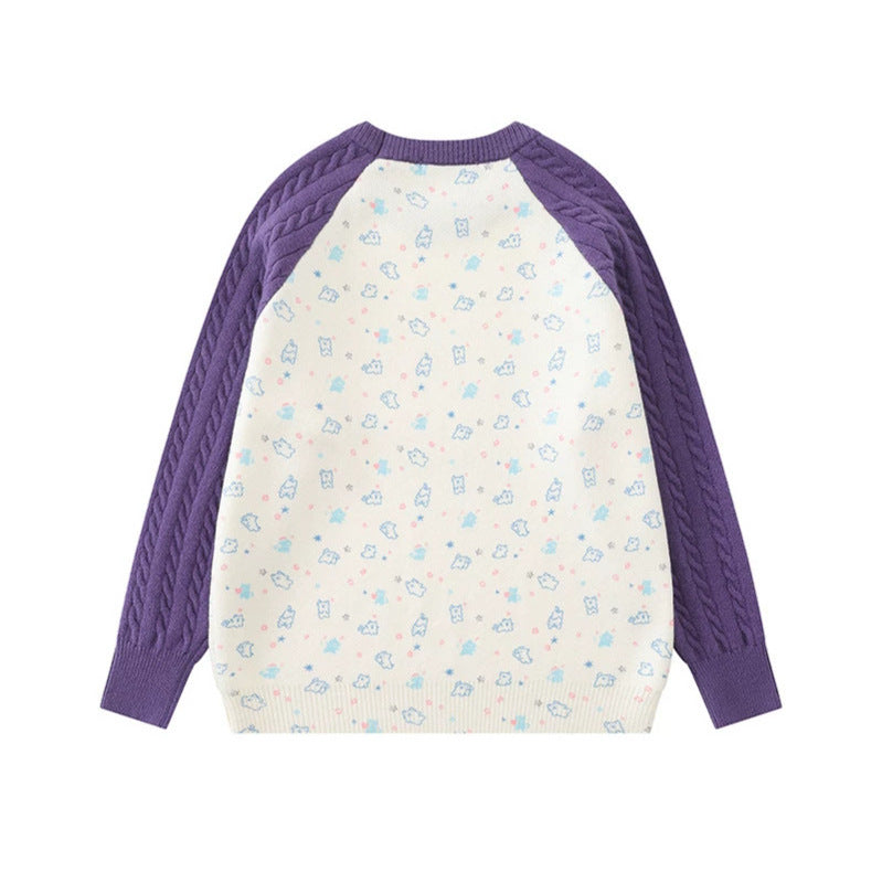 Damen Strickpullover mit Raglanärmeln, Zopfmuster-Ärmeln und Cartoon-Katzenfrontprint Echoarchiv