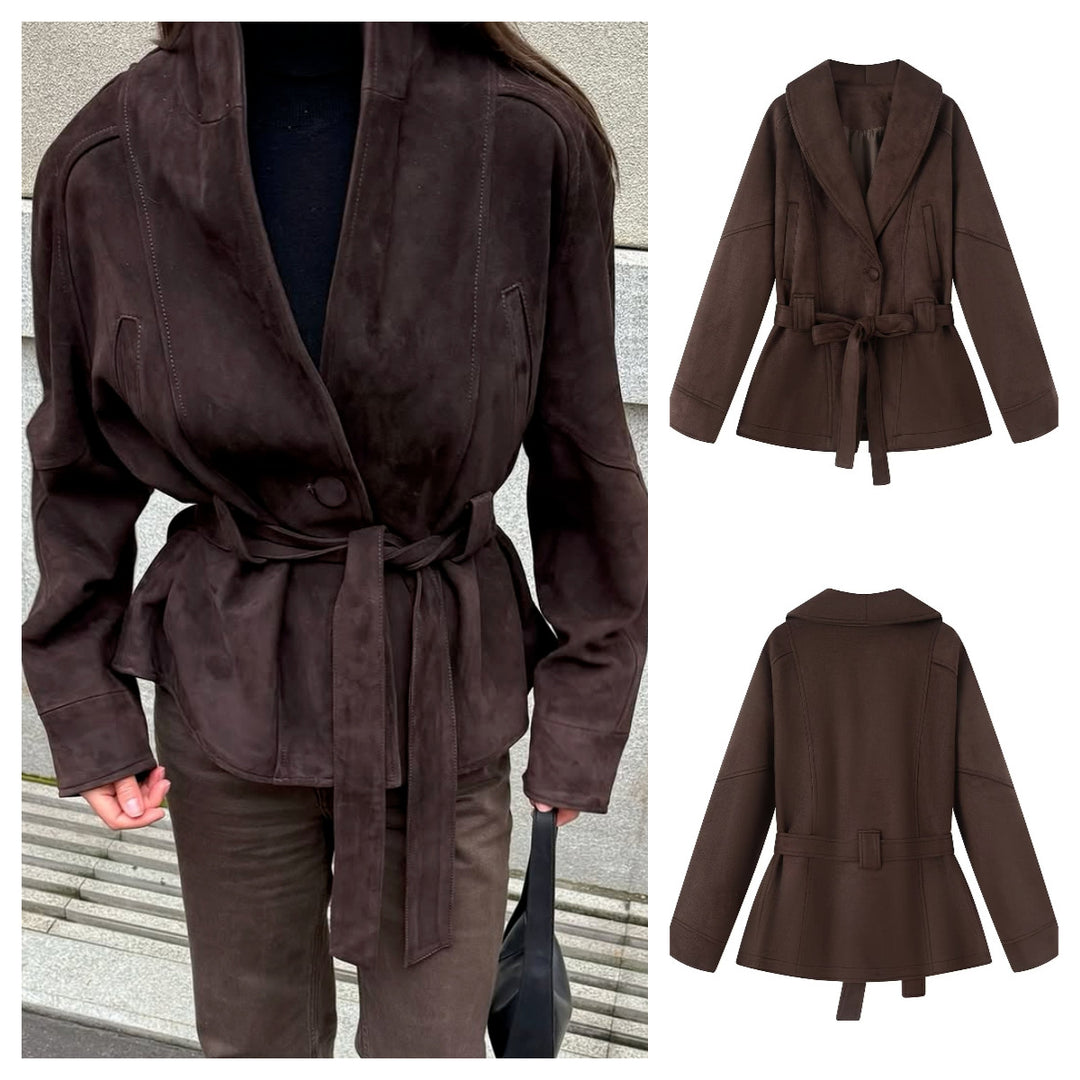 Damen Kurzmantel im Kimono-Style aus Veloursoptik mit weitem Schalkragen und Taillengürtel Echo Archiv