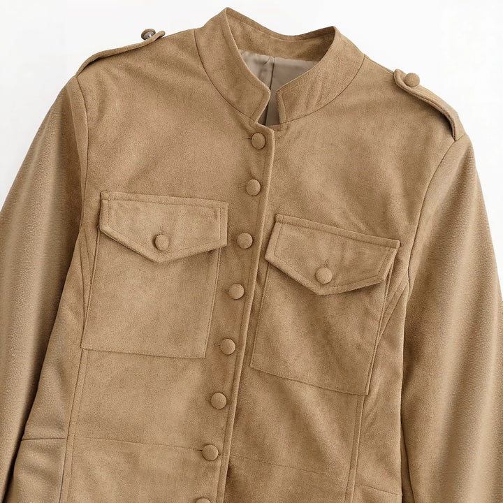 Damen taillierte Safari-Jacke in Velourslederoptik mit Pattentaschen Echo Archiv
