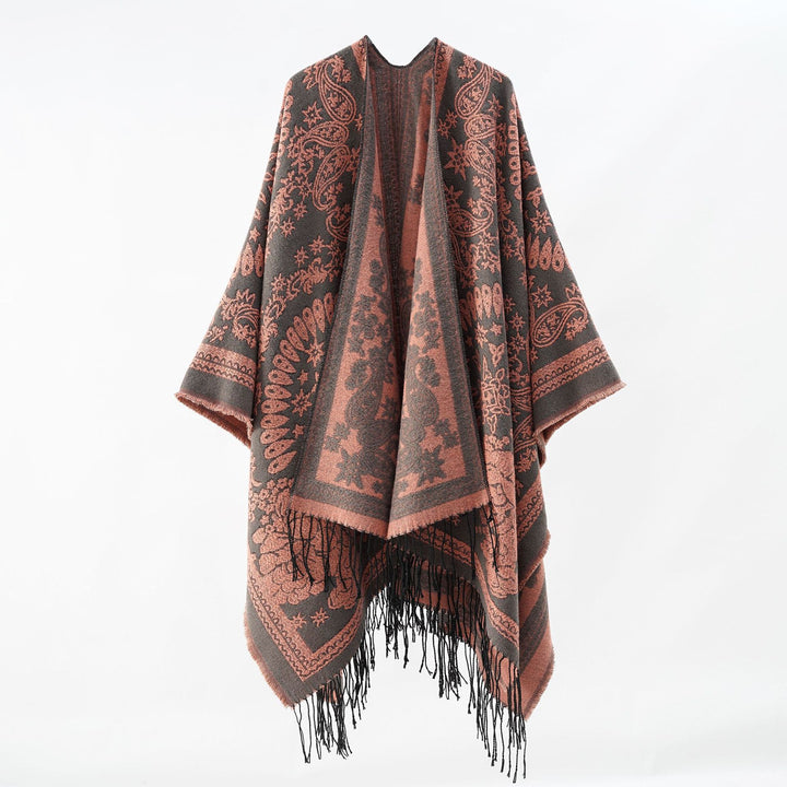 Damen Jacquard-Umhangponcho aus Wollmix mit beidseitigem Paisley-Jacquard und Fransen – Célinea
