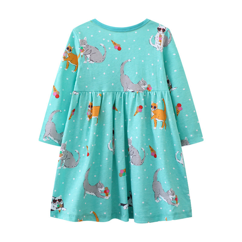 Mädchen Freizeitkleid mit verspieltem Katzenmotiv und praktischen Taschen Echo Archiv