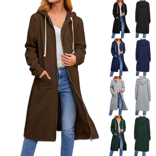 Damen lange Kapuzenjacke mit Reißverschluss und praktischen Taschen Echoarchiv