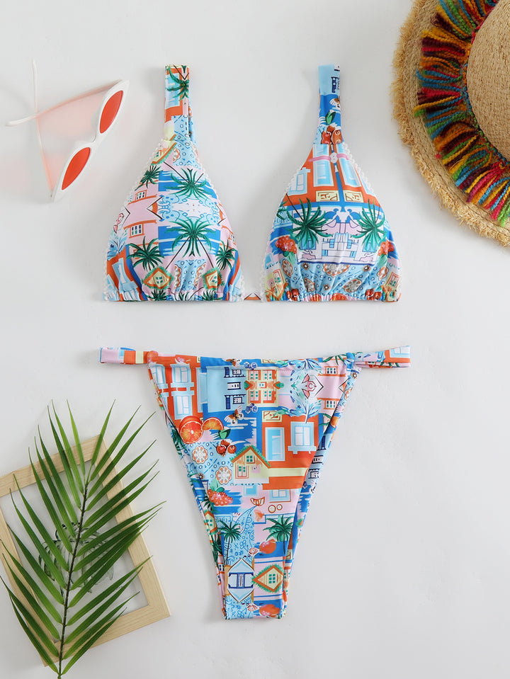 Damen Bikini-Set mit fröhlichem Stadtmotiv und hoch geschnittenem Höschen Echo Archiv