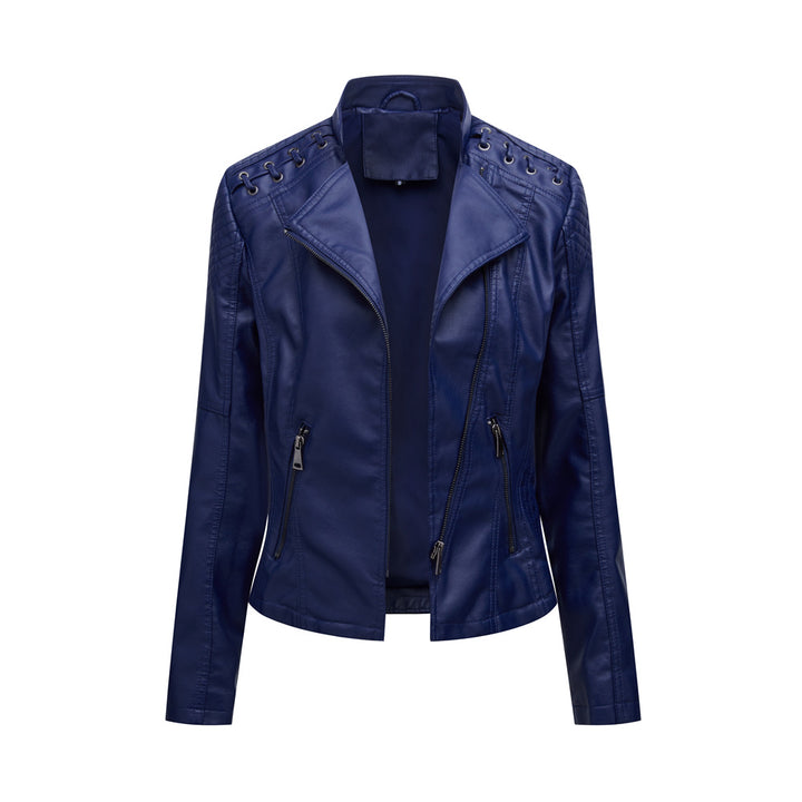 Damen nan kurze Bikerjacke aus Kunstleder mit dekorativen Ösenschnürungen an den Schultern Echo Archiv