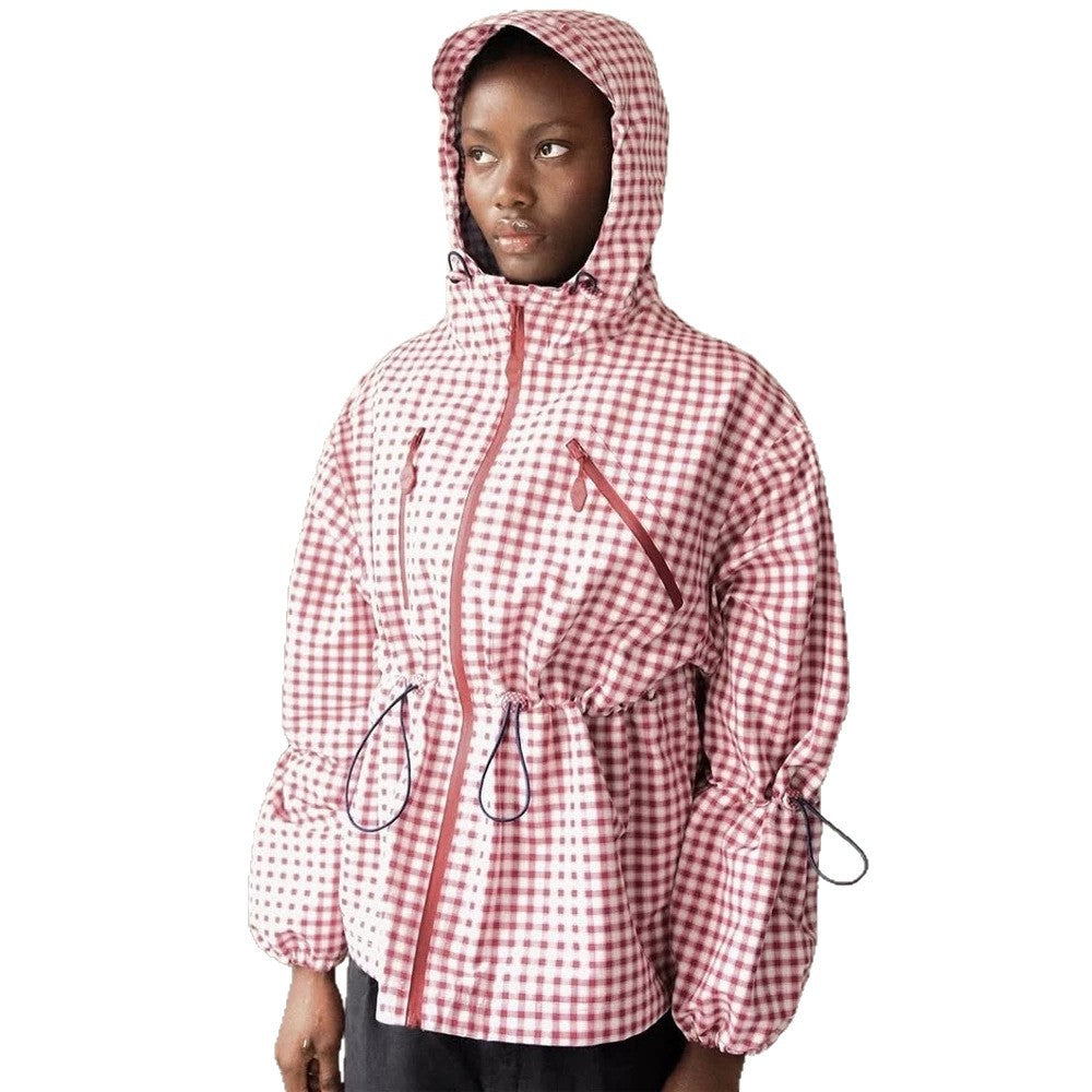Damen Karo-Windbreaker mit Taillenzug, Kapuze und Reißverschluss Echoarchiv