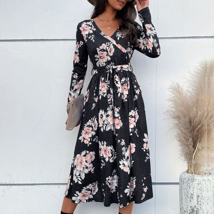 Damen Florales Wickel-Midikleid mit V-Ausschnitt, Taillengürtel und ausgestelltem Rock Echoarchiv