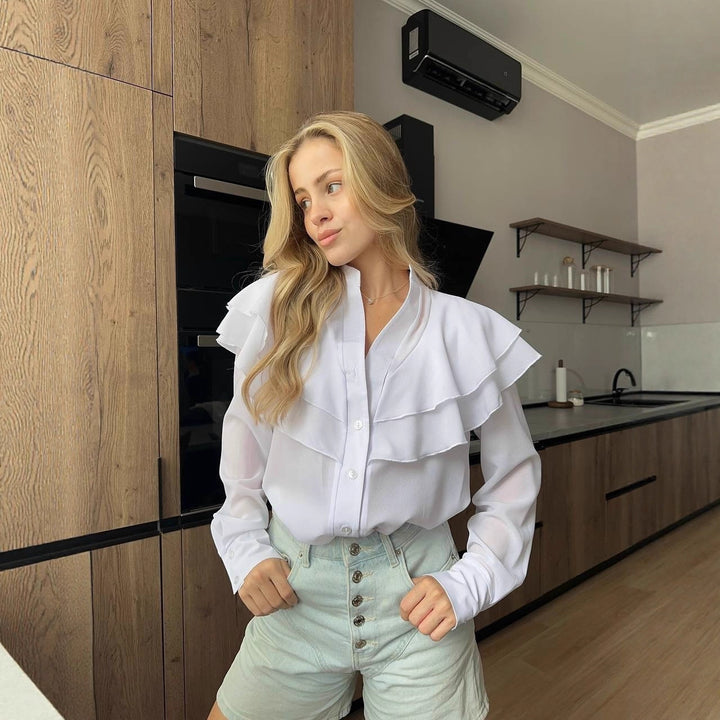 Damen Chiffon-Bluse mit mehrlagiger Volant-Rüsche und Perlmuttknöpfen Echoarchiv