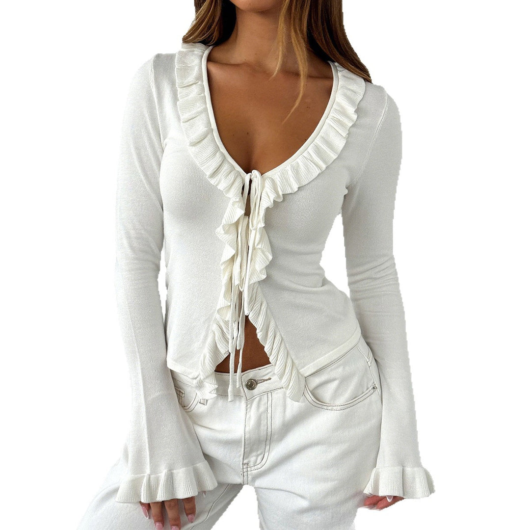 Damen nan tailliertes Rüschen-Feinstrick-Cardigan mit Bindeband, V-Ausschnitt und Volantärmeln Echo Archiv