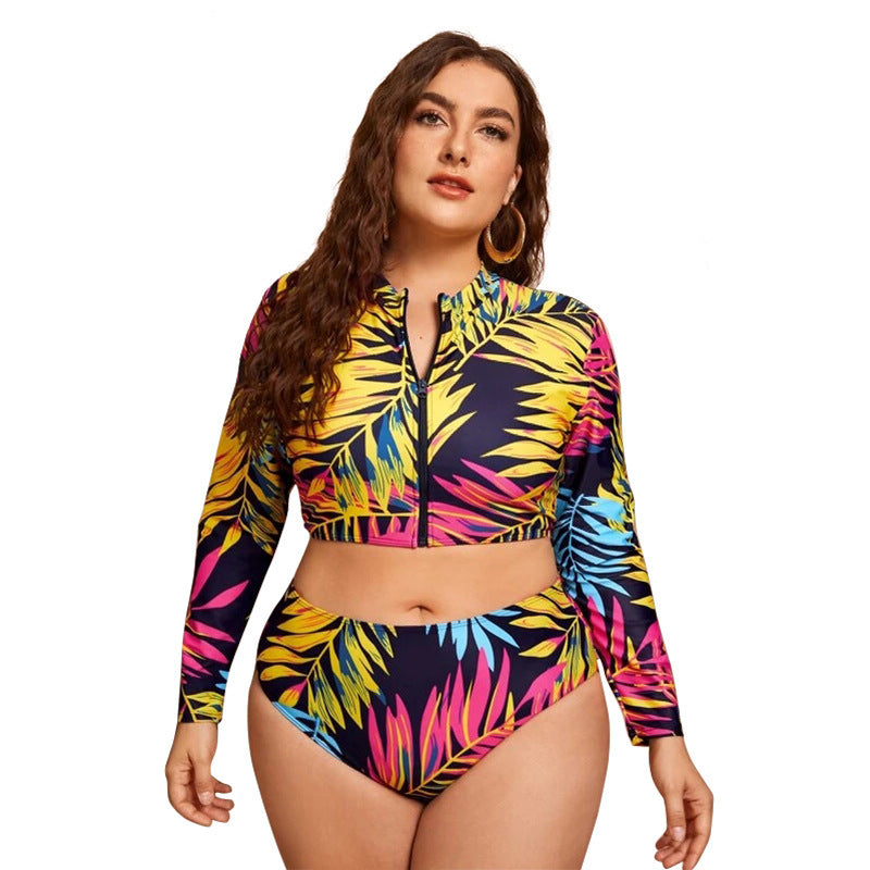 Damen Surf-Bikini-Set mit langärmligem Oberteil und buntem Palmendruck Echo Archiv