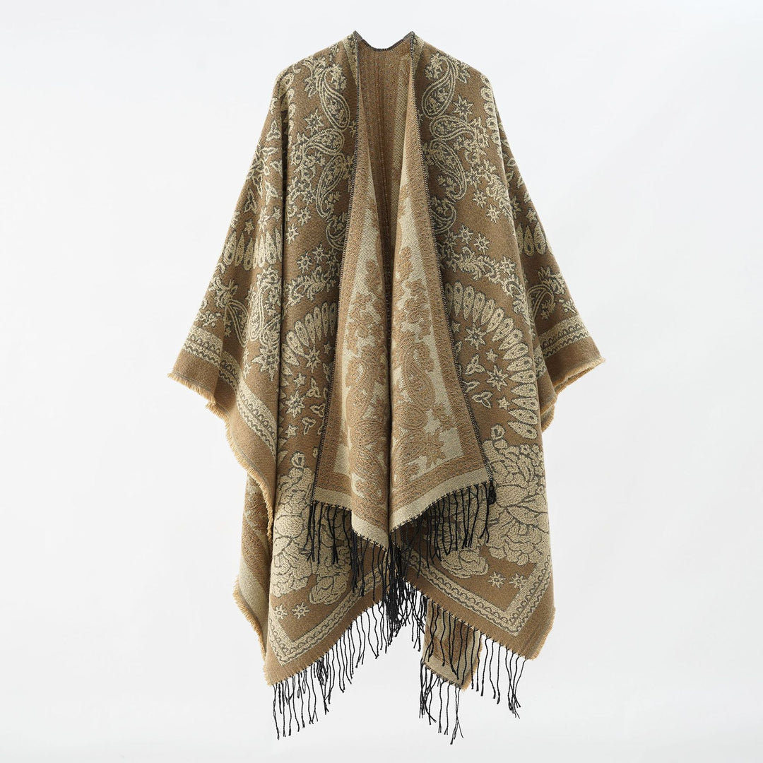 Damen Jacquard-Umhangponcho aus Wollmix mit beidseitigem Paisley-Jacquard und Fransen – Célinea