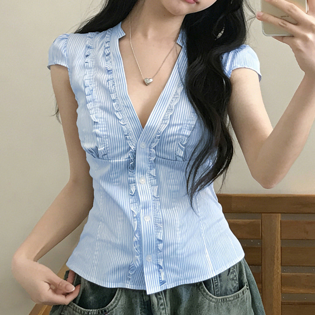 Damen Blusen Top mit Rüschendetails und figurbetontem Schnitt Echo Archiv