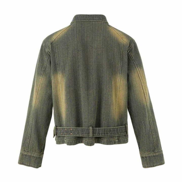 Damen Bestickte kurze Denim-Blousonjacke mit Taillengürtel und Reißverschluss Echoarchiv