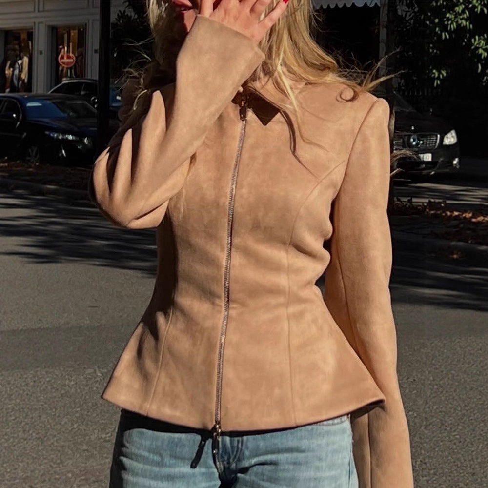 Damen Taillierte Velourslederoptik-Jacke mit Zweiwege-Reißverschluss Echoarchiv