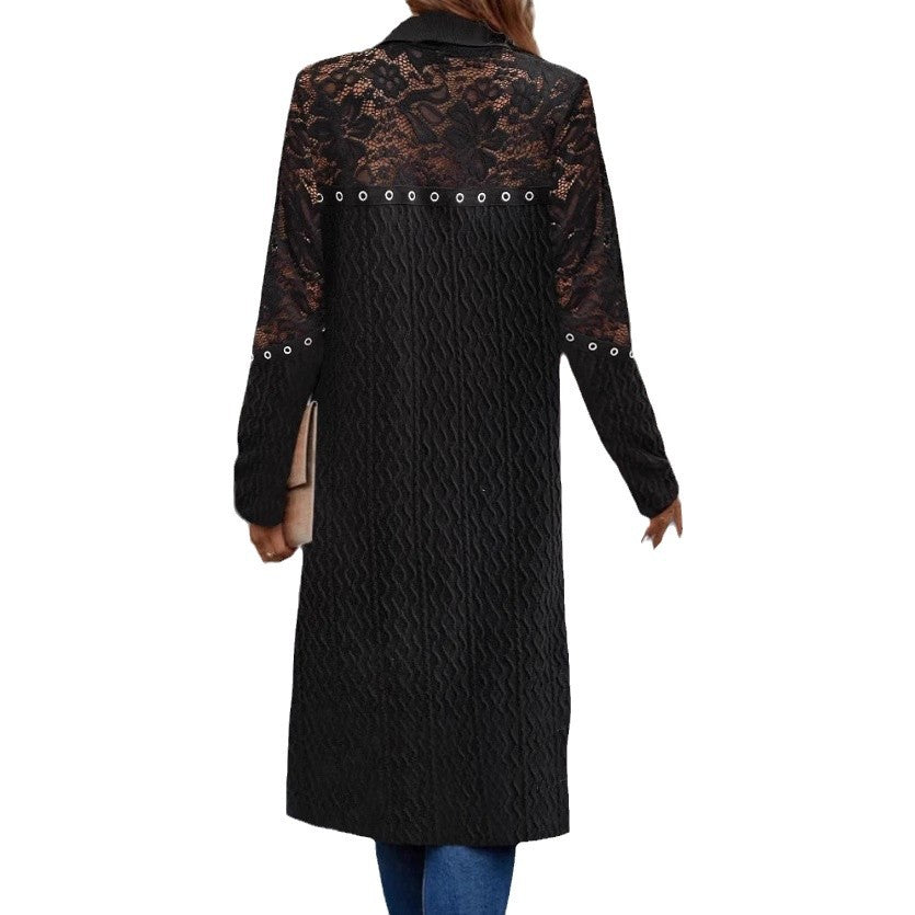 Damen nan langer Spitzen-Cardigan mit Ösenbesatz, transparenten Ärmeln und strukturierter Strickoptik Echo Archiv