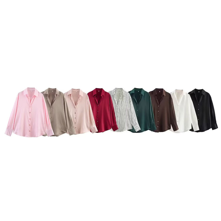Damen nan oversized Satinbluse mit Hemdkragen, verlängerten Manschetten und abgerundetem Saum Echo Archiv