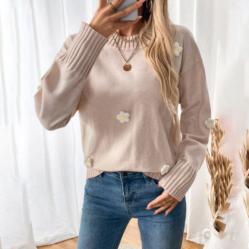 Damen Lässiger Rundhals-Pullover mit 3D-Blüten-Applikationen und gerippten Bündchen Echoarchiv