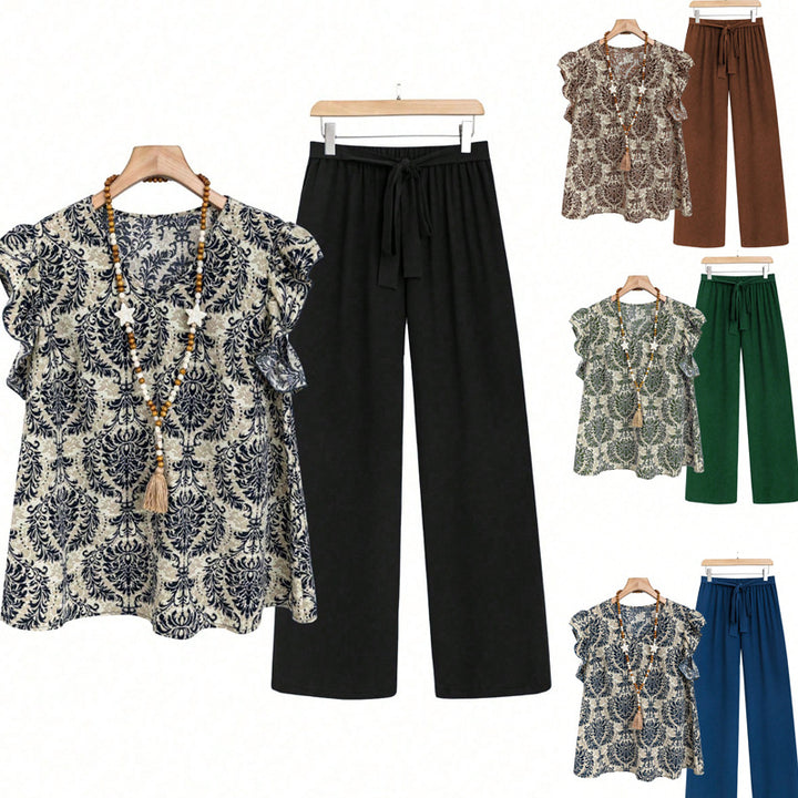 Damen Zweiteiliges Ensemble mit Rüschen-Printbluse und weitem Taillen-Hosenmodell – Élanora