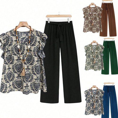 Damen Zweiteiliges Ensemble mit Rüschen-Printbluse und weitem Taillen-Hosenmodell – Élanora