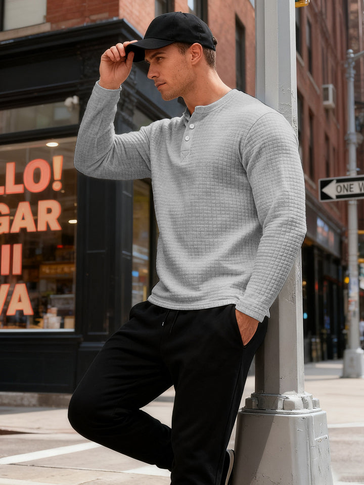 Herren nan strukturiertes Henley-Langarmshirt aus Waffelstrick mit Stehkragen und schmaler Silhouette Echo Archiv