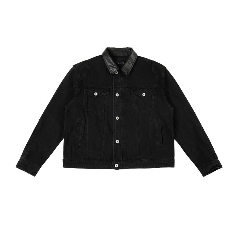 Herren Boxy-Jeansjacke mit Lederimitatkragen und sichtbaren Metallknöpfen Echoarchiv