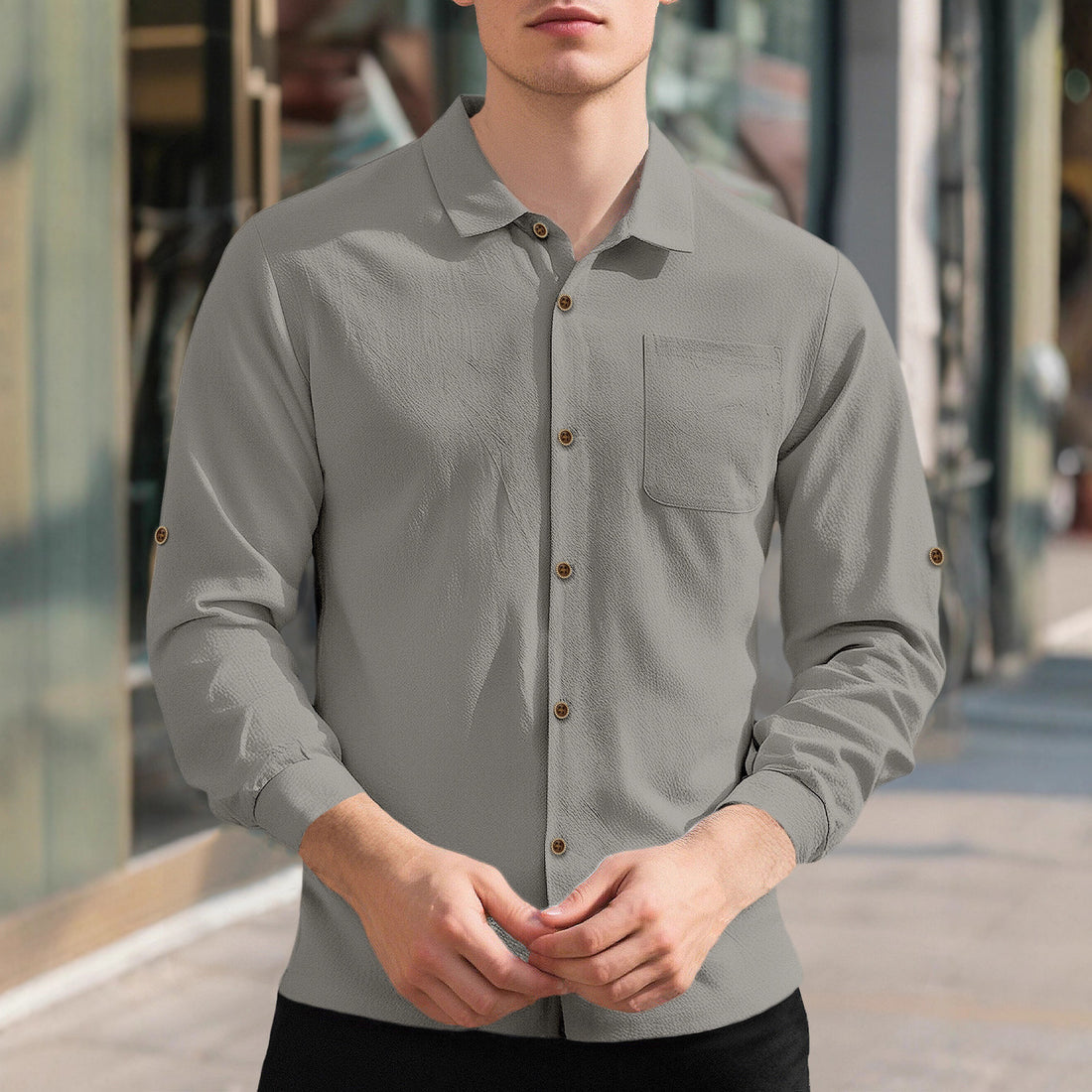 Herren atmungsaktives Struktur-Businesshemd mit Brusttasche Holzknopfleiste und ergonomischer Schulterpassform – Arvello