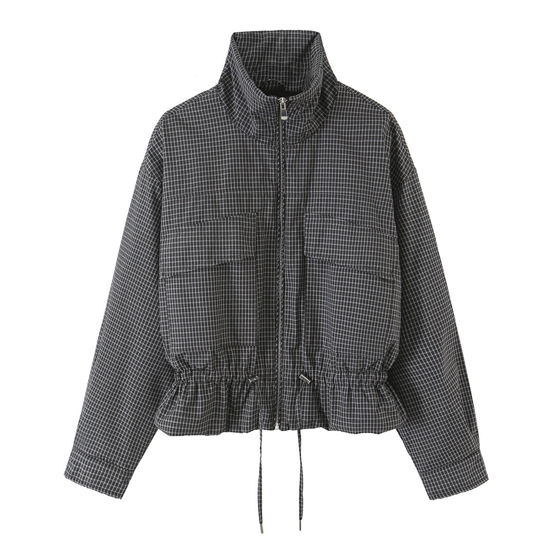 Damen karierte, funktionale Übergangsjacke mit Stehkragen und Tunnelzug Echo Archiv