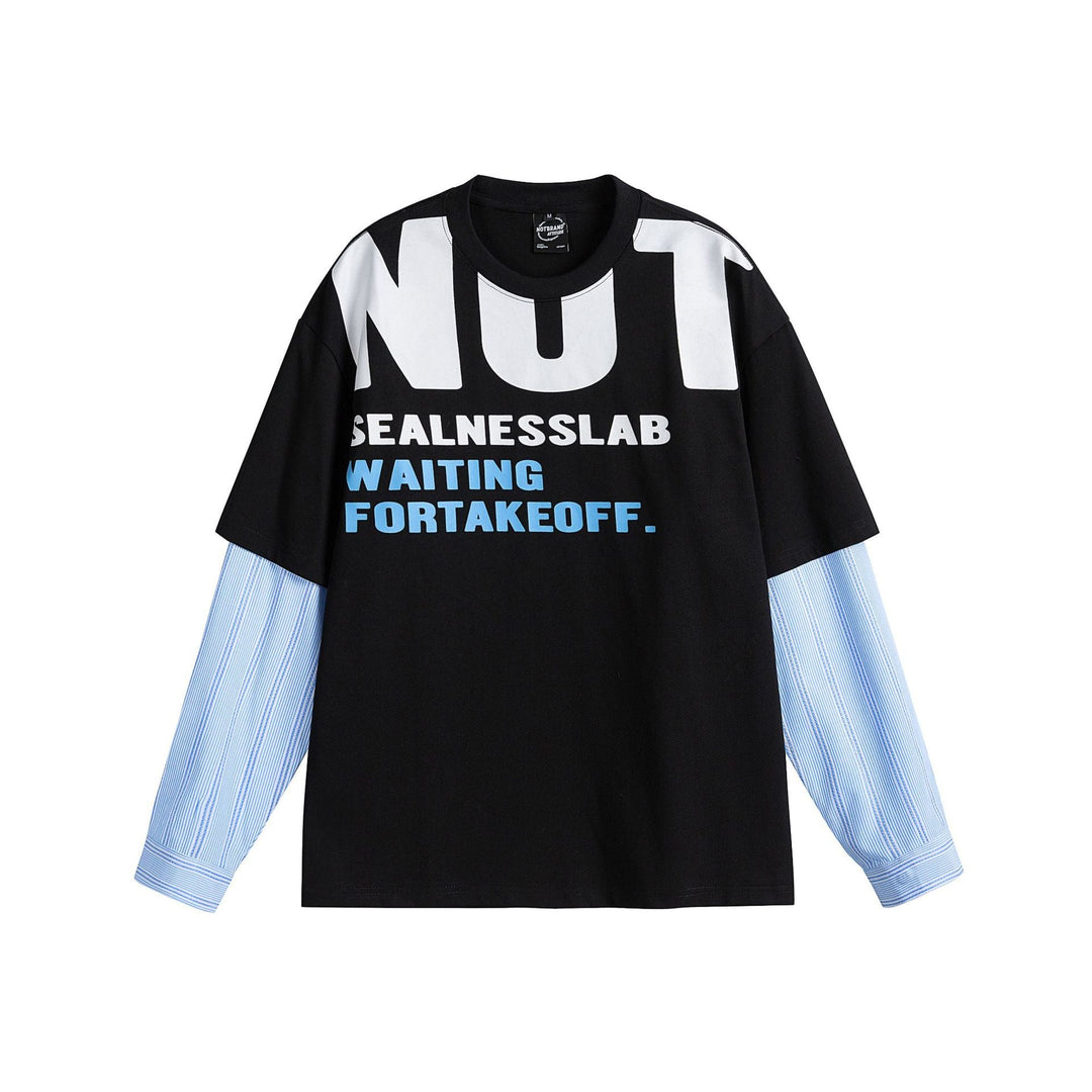 Damen Lagenlook T-Shirt mit eingearbeiteten Hemdärmeln und oversized Print Echoarchiv