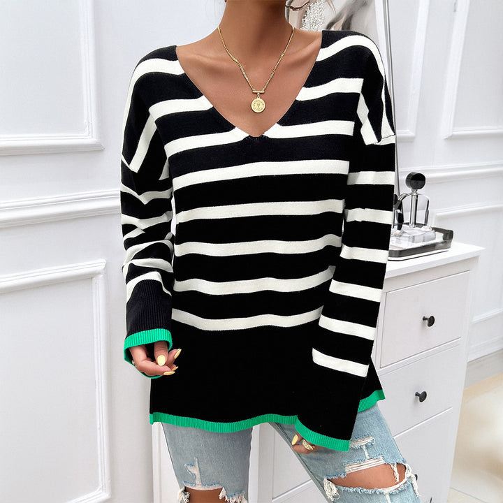 Damen gestreifter V‑Neck Feinstrickpullover mit verlängertem Tunika‑Schnitt und geripptem Saum – Mavelle