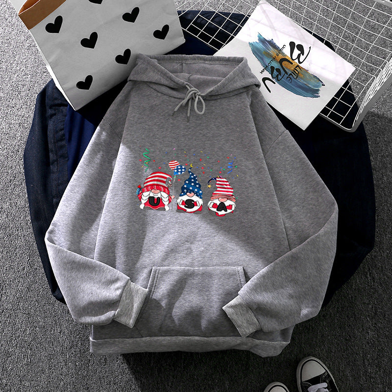 Damen Kapuzenpullover mit patriotischem Gartenzwerg-Print, angerautem Fleece-Innenfutter, Oversize-Schnitt und Kängurutasche – Auréline