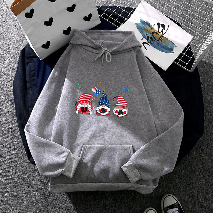 Damen Kapuzenpullover mit patriotischem Gartenzwerg-Print, angerautem Fleece-Innenfutter, Oversize-Schnitt und Kängurutasche – Auréline