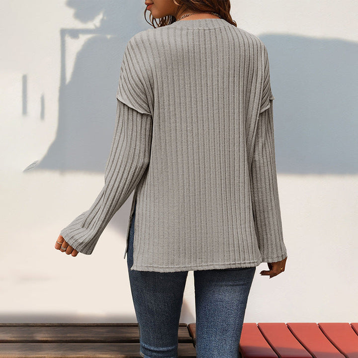 Damen Gerippter Henley-Pullover mit Knopfleiste und überschnittener Schulter Echoarchiv