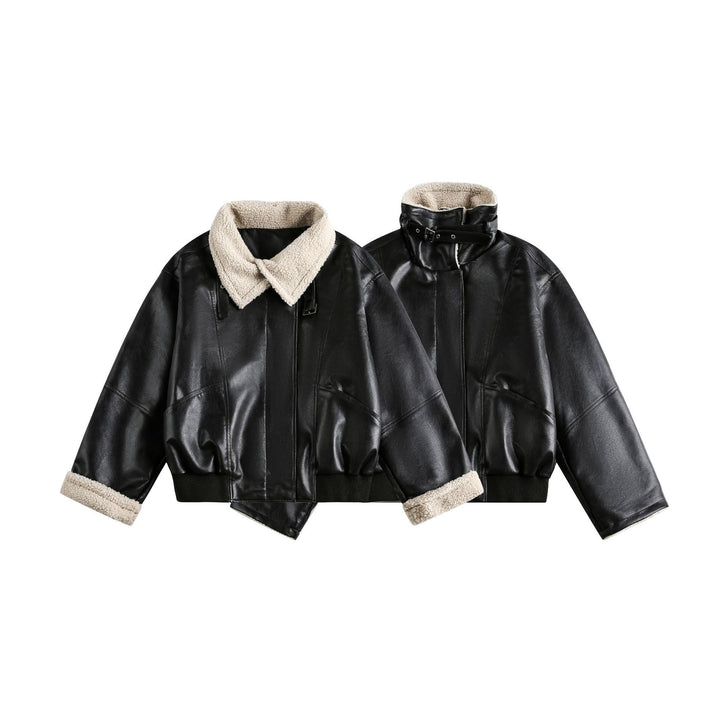 Damen Moderner Aviator-Blouson aus veganem Leder mit Teddykragen und kontrastierten Ärmelumschlägen Echoarchiv