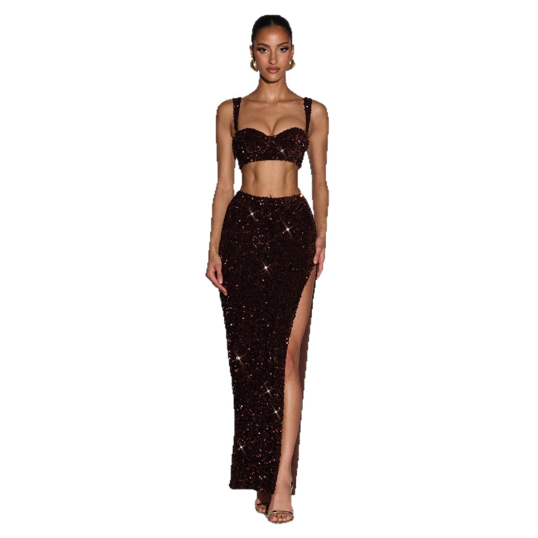 Damen Glitzerndes Abendkleid mit tiefem Schlitz und raffinierten Trägern Echo Archiv