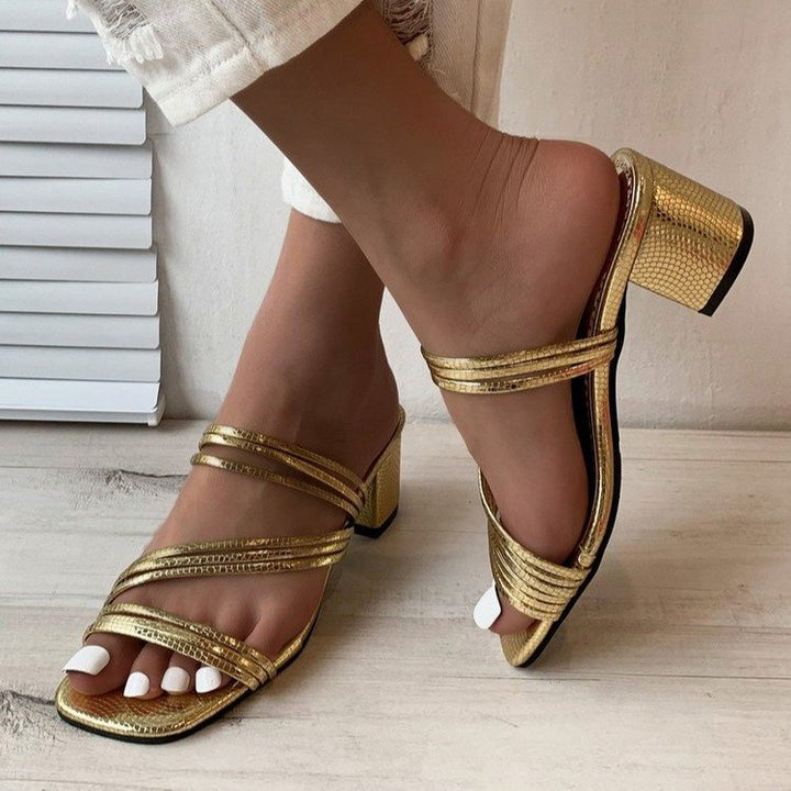 Damen nan elegante Mehrfachriemen-Mule mit mittelhohem Blockabsatz und Schlangenprägung Echo Archiv