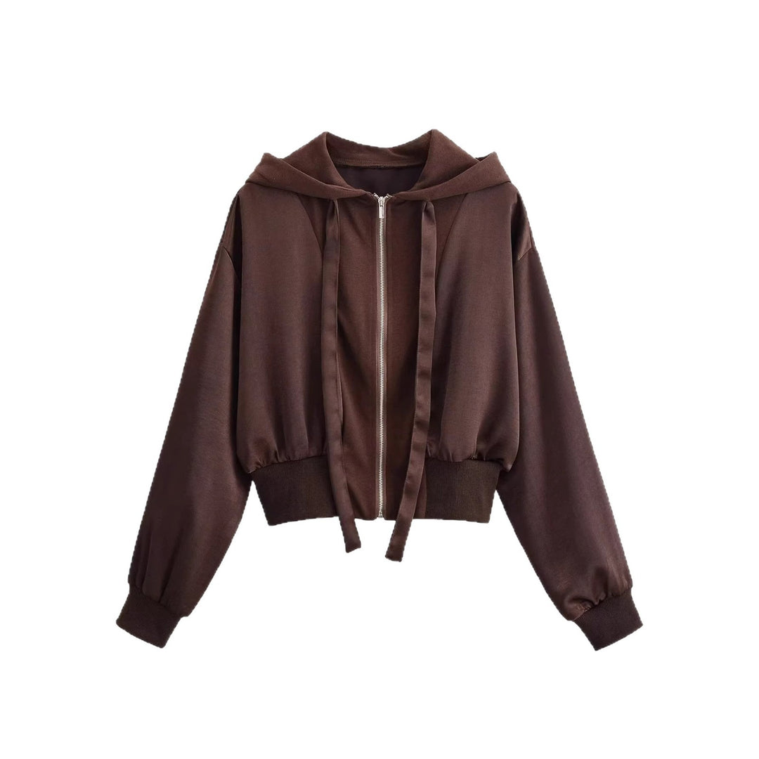 Damen Cropped Hoodie-Jacke mit durchgehendem Reißverschluss, breite Kapuze und taillierendem Rippbund Echoarchiv
