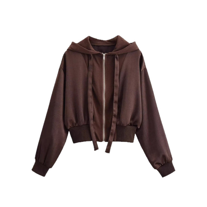Damen Cropped Hoodie-Jacke mit durchgehendem Reißverschluss, breite Kapuze und taillierendem Rippbund Echoarchiv
