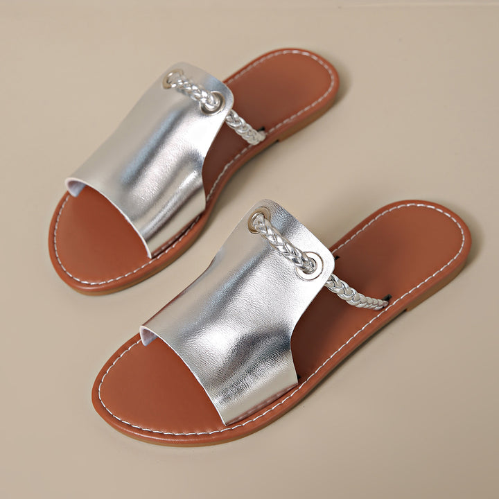 Damen nan elegante flache Pantolette mit breitem Obermaterial und geflochtenem Zehenriemen Echo Archiv