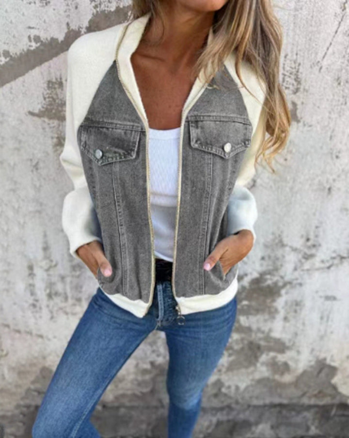 Damen nan Sweat-Jeans-Bomberjacke mit Raglanärmeln Brustklappen und Reißverschluss Echo Archiv