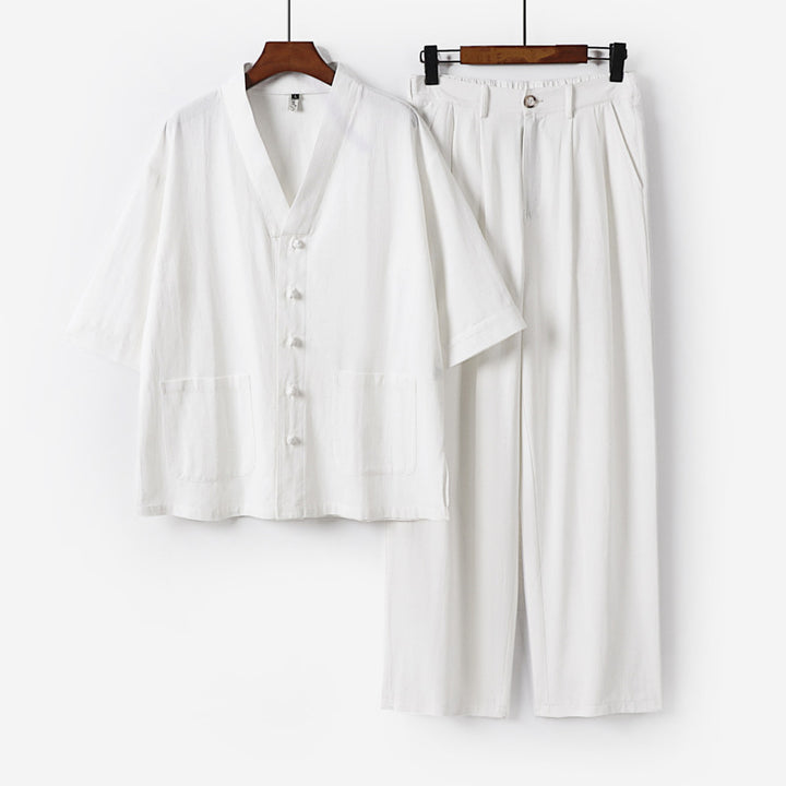 Unisex Zen-inspiriertes Relax-Set mit Kurzarm-Kimono-Oberteil, verdeckter Knopfleiste und elastischer Bundhose Echoarchiv