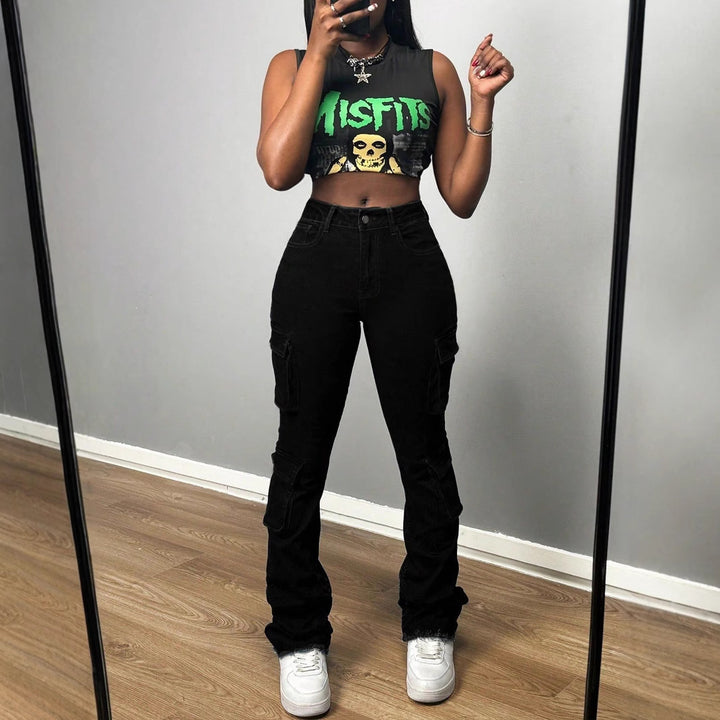 Damen Hochtaillierte Cargo-Jeans mit Mehrfach-Pattentaschen und langem Bein Echo Archiv