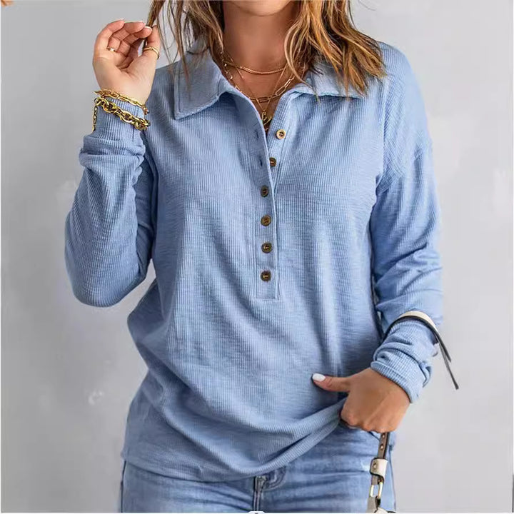 Damen Langarm-Waffelshirt mit Hemdkragen und Knopfleiste Echoarchiv