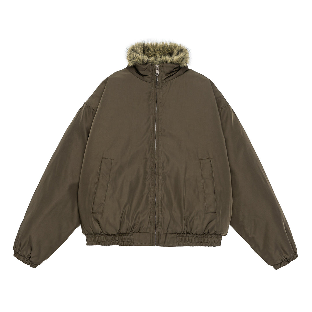 Damen Oversize wattierte Bomberjacke mit elastischem Saum und Kunstfellbesatz Echoarchiv