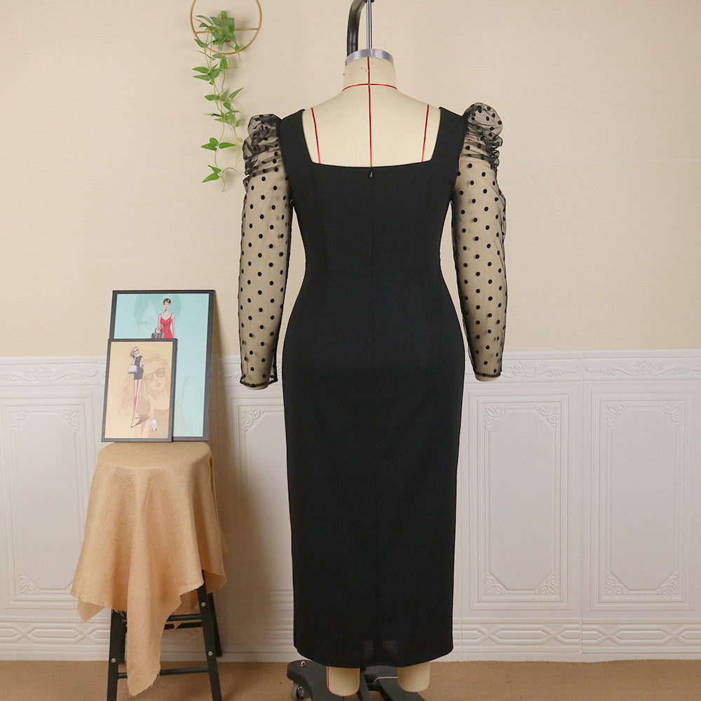 Damen elegantes Midi-Kleid mit transparenten Puffärmeln und zartem Rüschenakzent Echo Archiv