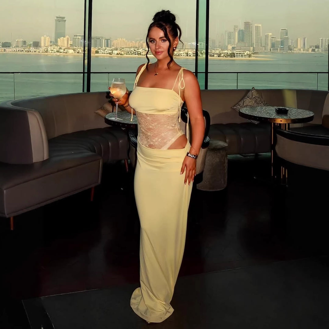Damen elegantes langes Kleid mit raffiniertem Spitzenoberteil und verstellbaren Trägern Echo Archiv