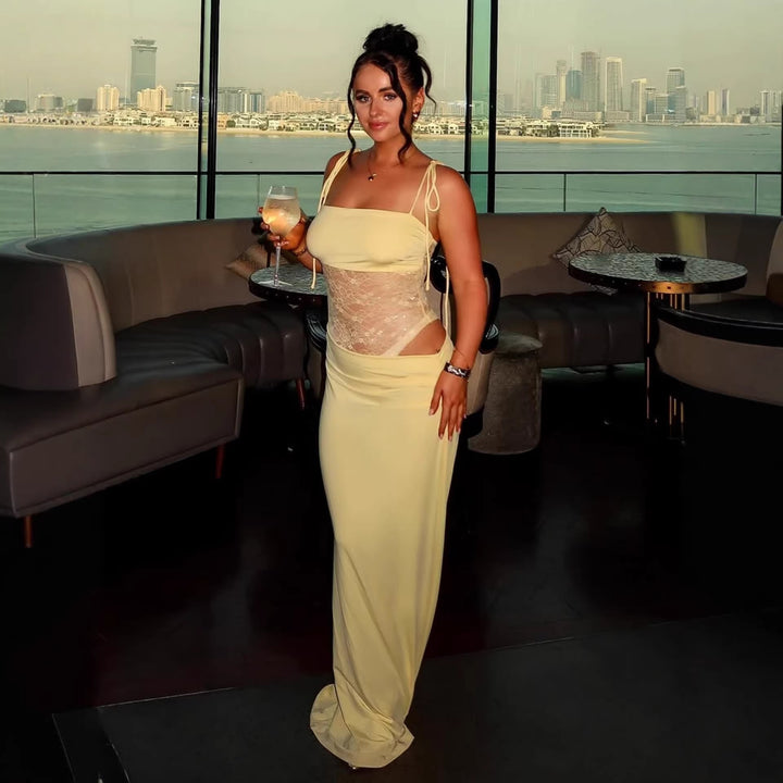 Damen elegantes langes Kleid mit raffiniertem Spitzenoberteil und verstellbaren Trägern Echo Archiv