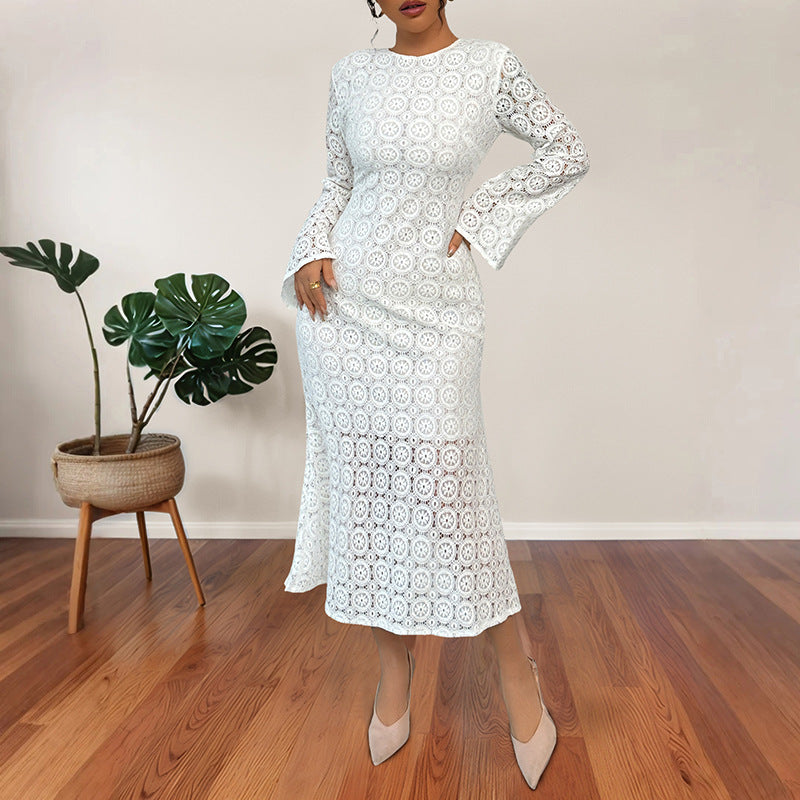 Damen Midikleid aus Häkelspitze mit taillierter Silhouette, Trompetenärmeln und ausgestelltem Saum Echoarchiv