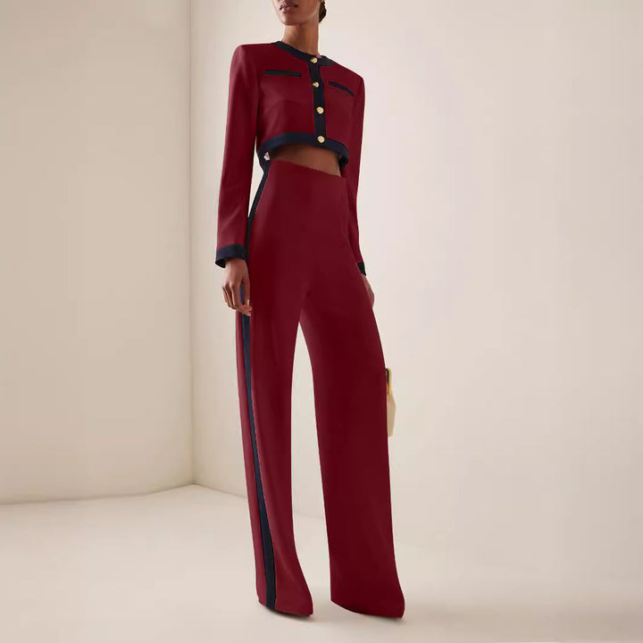 Damen Kurzgeschnittenes Cropped-Tailoring-Set mit Kontrastpaspel und High‑Waist Palazzo-Hose – Avélisse